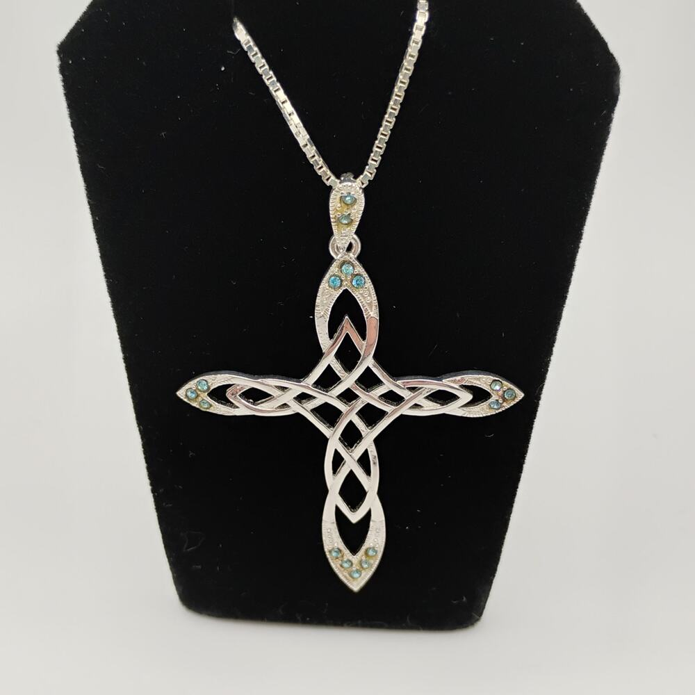 Watson Celtic Infinity Cross with Green CZs in Sterling Silver on 24-In Chain